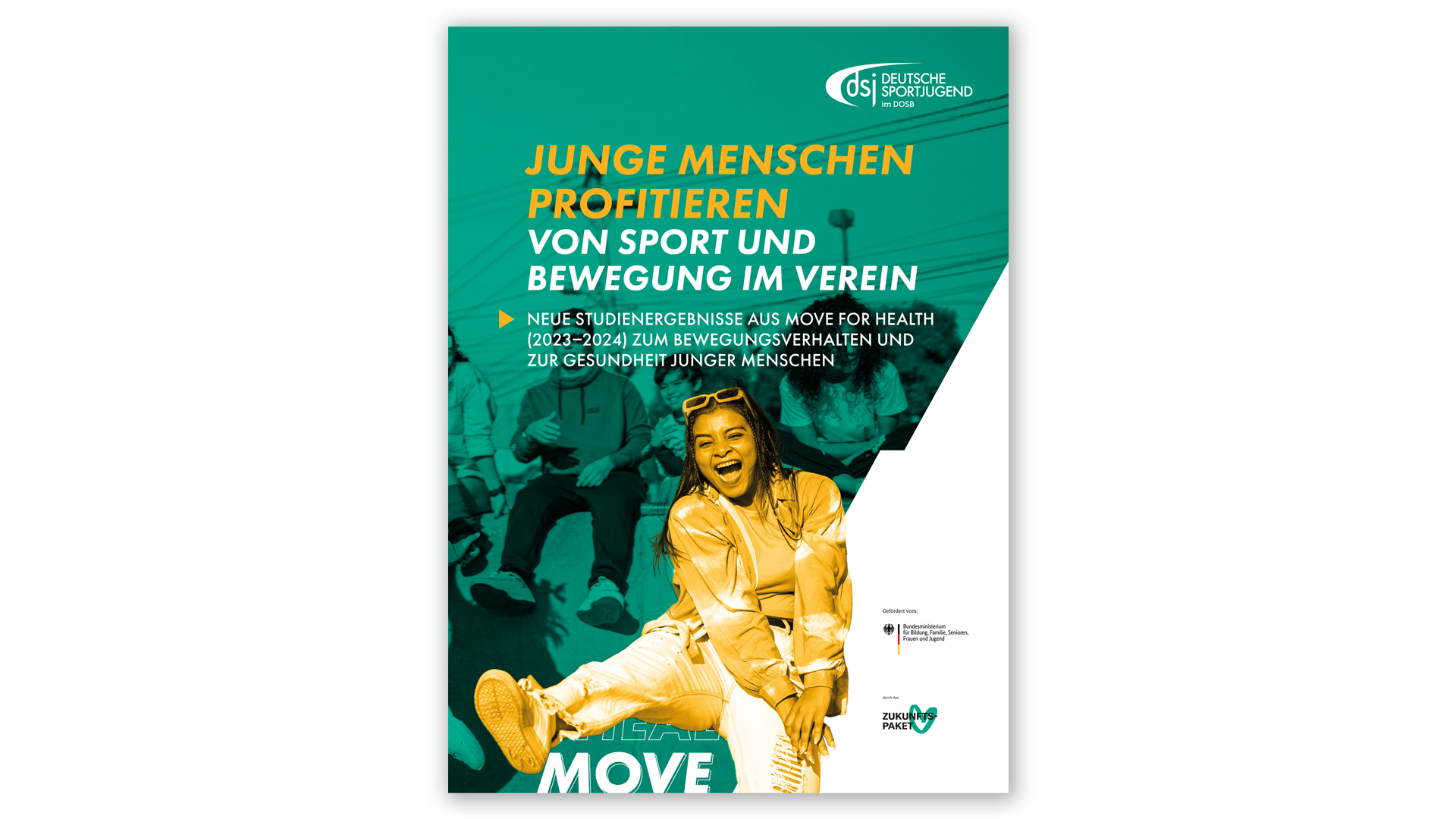 Flyer der Deutschen Sportjugend mit dem Titel 'Junge Menschen profitieren von Sport und Bewegung im Verein' und Hinweis auf neue Studienergebnisse von Move for Health 2023-2024 zur Gesundheit junger Menschen
